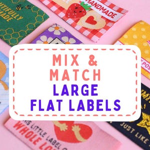 MIX AND MATCH grote platte labels - Set van 5 geweven naailabels - Leuke, kleurrijke en levendige geweven stoffen labels in verschillende ontwerpen