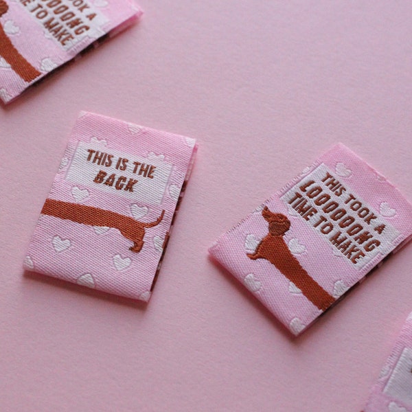 DOUBLE SIDED Pack of 6 cute pink woven sewing labels - Sausage dog - "This Took A Long Time To Make" "This is the Back"