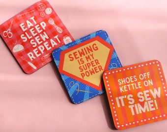 FUN SEWING COASTERS - Sewing themed coasters, Gifts for sewists, High quality hardboard coasters with a glossy top layer in 3 cute designs