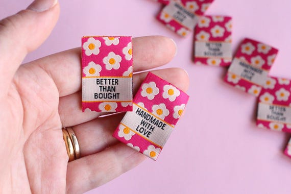Pink Floral Woven Sewing Labels – Pack of 6 “Better Than Bought” & “Handmade with Love” Tags, Soft Fabric Labels for Handmade Sewing Project