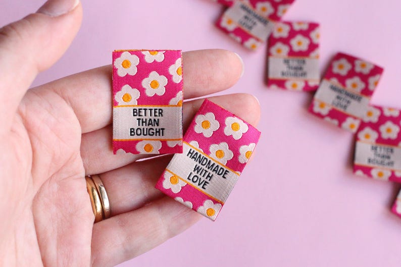 Pink Floral Woven Sewing Labels – Pack of 6 “Better Than Bought” & “Handmade with Love” Tags, Soft Fabric Labels for Handmade Sewing Project image 1
