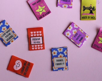 MIX AND MATCH - Pack of 8 woven sewing labels - Cute, colourful and vibrant in different designs