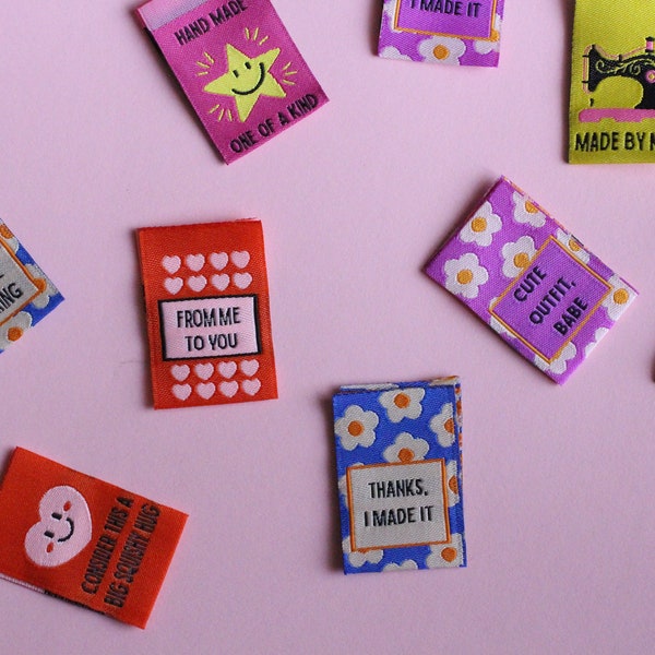 MIX AND MATCH - Pack of 8 woven sewing labels - Cute, colourful and vibrant in different designs