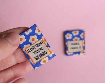 DOUBLE SIDED Pack of 6/8 cute and vibrant blue woven sewing labels - "I Love What You're Wearing" "Thanks, I Made It"