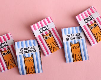 Cat Woven Sewing Labels – Pack of 6 Double-Sided Striped Tags, “Purrty Animal” & “I’d Rather Be Napping” Labels for Handmade Clothes, Crafts