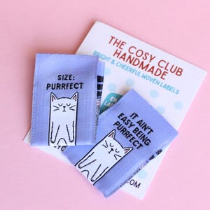 Cat Sewing Labels "Size: Purrfect" Woven Clothing Tags - Pack of 6 Double Sided Soft Woven Sewing Labels for Handmade Projects, Crochet, Fun
