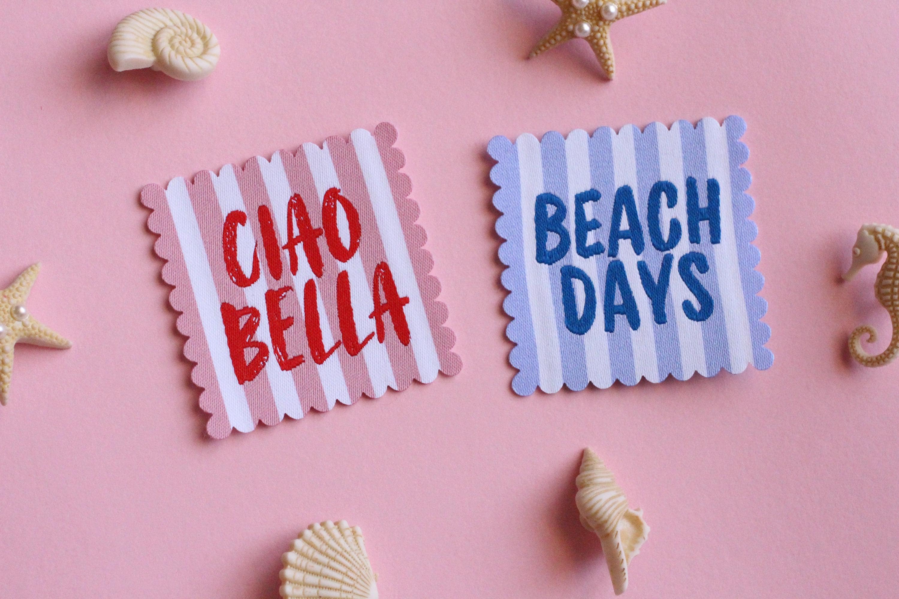SCALLOP EDGE PACK | Scallop Edge Woven Sewing Labels: Beach Days & Ciao Bella - Pack of 4 clothes tags for Handmade projects, Interfaced