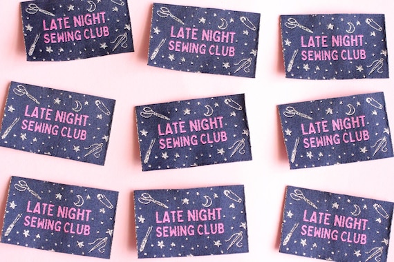Woven Sewing Labels – Pack of 5 Silver Navy “Late Night Sewing Club” Tags, Fun Clothing Labels for Handmade Clothes, Tags for Handmade