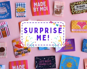 SURPRISE ME! Mystery Pack of Woven Fabric Labels for Handmade Items - 6 Surprise Labels - Clothing Tags for Handmade, Knitting, Crochet