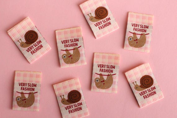 Funny Woven Sewing Labels – Pack of 6 Snail & Sloth “Very Slow Fashion” Tags, Labels for Quilting, Knitting and Crochet