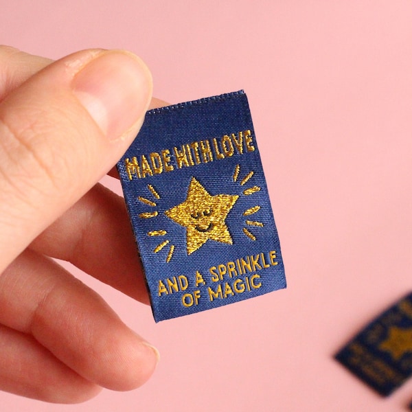 Etiquetas de costura con estrellas doradas metalizadas: paquete de 6 etiquetas tejidas de doble cara «Hecho a mano con amor» y «Edición limitada» para ropa hecha a mano.