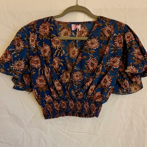 Blue Floral Block Print Short Sleeve Top
