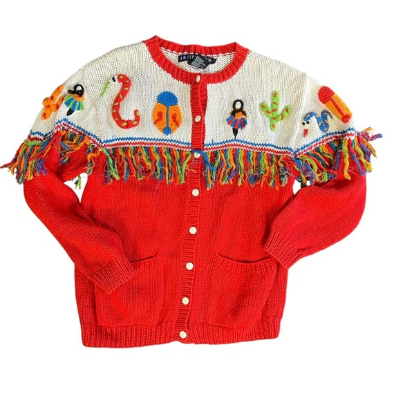 I.B Diffusion Vintage Colorful Fringe Cardigan Sweater Quirky 