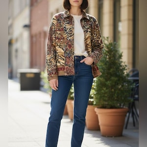 May include: A long-sleeve button-up jacket featuring a multi-colored tapestry pattern with floral and animal print motifs, worn over a plain white t-shirt. The outfit includes dark blue denim jeans and white low-top canvas sneakers with laces.