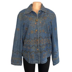 New Direction Womens Vintage Denim Jacket Blue Embroidered Flowers Button Up Size XL