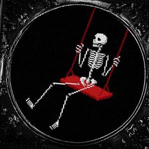 Skeleton on a Swing - Simple Gothic Cross Stitch Pattern  - Digital PDF
