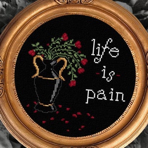 Gothic Vase Cross Stitch Pattern: Life is Pain, Victorian Roses (PDF)