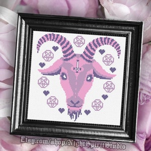 Pastel Goth Goat Head With Pentagram and Heart Cross Stitch Pattern 8 x 8 two PDFs