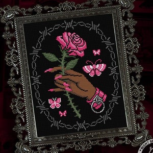 Gothic Rose Cross Stitch Pattern: Barbed Wire & Butterflies (Digital PDF)