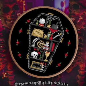 Spooky Cluttered Coffin - Gothic Cross Stitch Pattern - Coffin Cross Stitch - Shelf Cross Stitch - Witchcraft, Horror, Whimsigoth - PDF