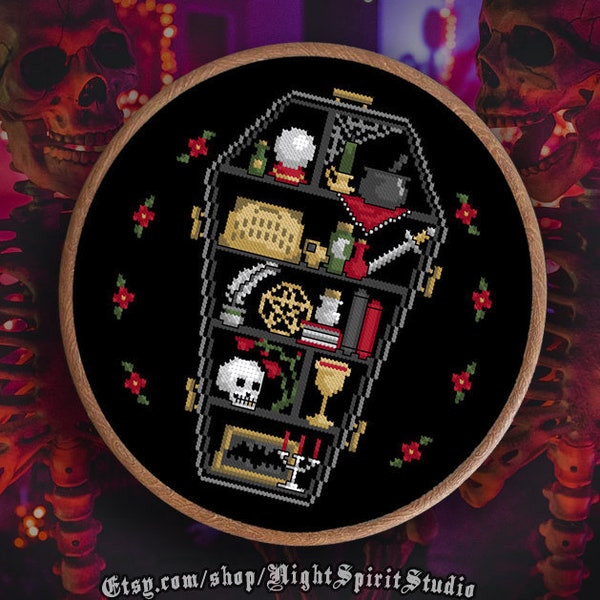 Spooky Cluttered Coffin - Gothic Cross Stitch Pattern - Coffin Cross Stitch - Shelf Cross Stitch - Witchcraft, Horror, Whimsigoth - PDF