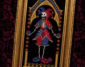 The Fool - Jeweled Skeleton Jester - Medieval Gothic Cross Stitch Pattern  - Skull Cross Stitch - Goth Cross Stitch - Tarot - Digital PDF