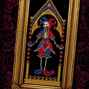 The Fool - Jeweled Skeleton Jester - Medieval Gothic Cross Stitch Pattern  - Skull Cross Stitch - Goth Cross Stitch - Tarot - Digital PDF