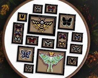 Mounted Butterfly and Moth Wall - Gothic Cross Stitch - Luna Moth Cross Stitch - Entomology Cross Stitch - Goth Moth - Victorian - PDF 8&quot;x8&quot;