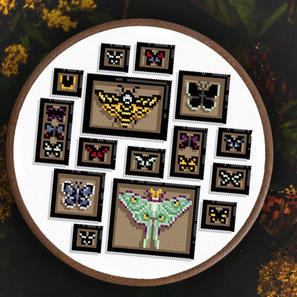 Mounted Butterfly and Moth Wall - Gothic Cross Stitch - Luna Moth Cross Stitch - Entomology Cross Stitch - Goth Moth - Victorian - PDF 8"x8"