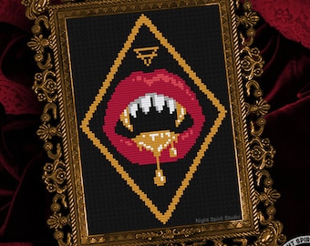 Gold Vampire Fangs Cross Stitch Pattern | Gothic Decor (PDF)