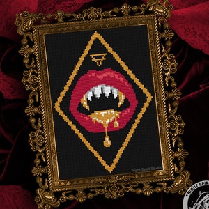 Gold Vampire Fangs Cross Stitch Pattern — Gothic Decor (PDF)
