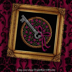 Victorian Skeleton Key with Ribbon and Floral Motif Gothic Cross Stitch Pattern PDF 6.5x6.5