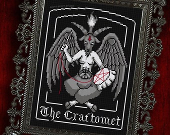 May include: A black and white cross-stitch pattern featuring a winged, goat-headed figure with a pentagram on its chest. The figure is holding a red string and the text "The Craftomet" is below it.