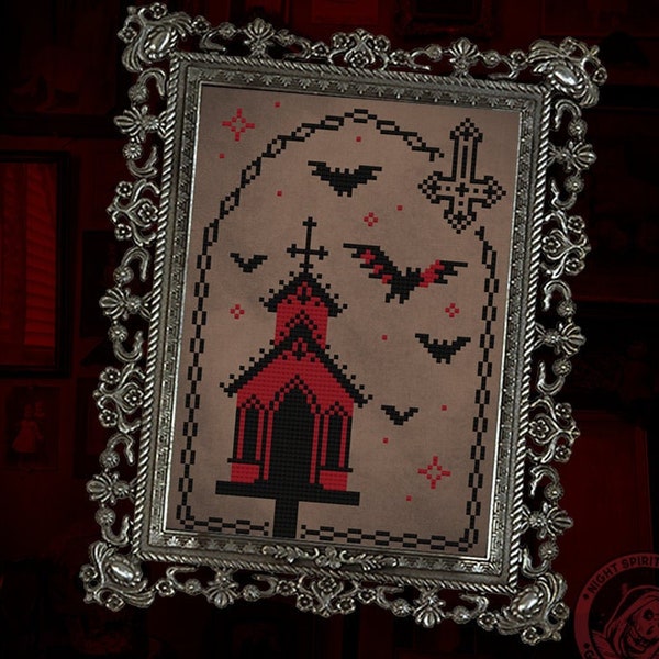 Satanic Bat House -Gothic Cross Stitch Pattern - Birdhouse Cross Stitch - Halloween Cross Stitch - Victorian Cross Stitch - Digital PDF