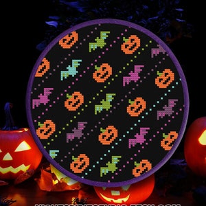 Neon Halloween Gothic  Cross Stitch Pattern PDF 6x6 - Bats and Pumpkins