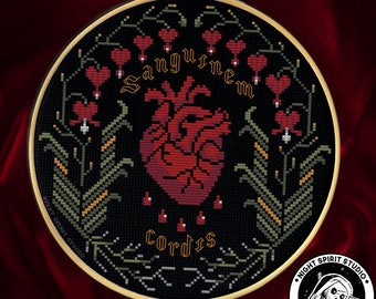 Gothic Bleeding Hearts - Gothic Cross Stitch Pattern - Heart Cross Stitch - Witch Cross Stitch - Bleeding Heart Flower - Latin - Digital PDF