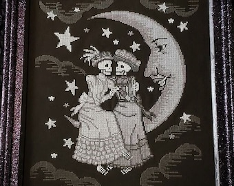 Edwardian Moon - Gothic Cross Stitch Pattern - Halloween Cross Stitch - Skeleton Cross Stitch - Antique Paper Moon - Lesbian - Digital PDF