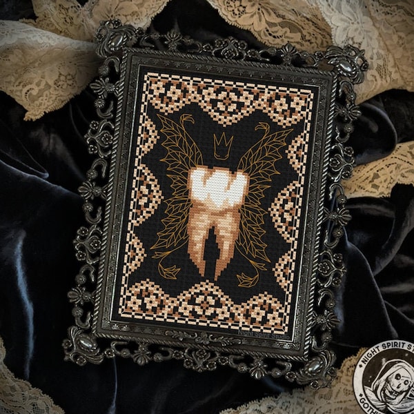 Tooth Fairy in Antique Lace - Gothic Cross Stitch Pattern - Tooth Cross Stitch - Dentist Cross Stitch - Faerie Cross Stitch - Digital PDF