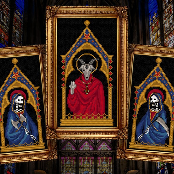 Separate Saintly Goat Triptych - Gothic Cross Stitch Pattern - Medieval Cross Stitch - Satanic Gothic Cross Stitch - Old Master Painting PDF