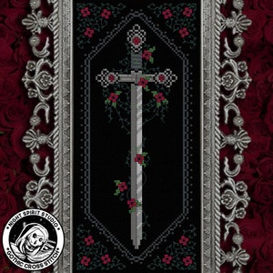 Ornate Floral Sword - Gothic Cross Stitch Pattern - Medieval Cross Stitch - Sword Cross Stitch - Victorian Mourning - Digital PDF