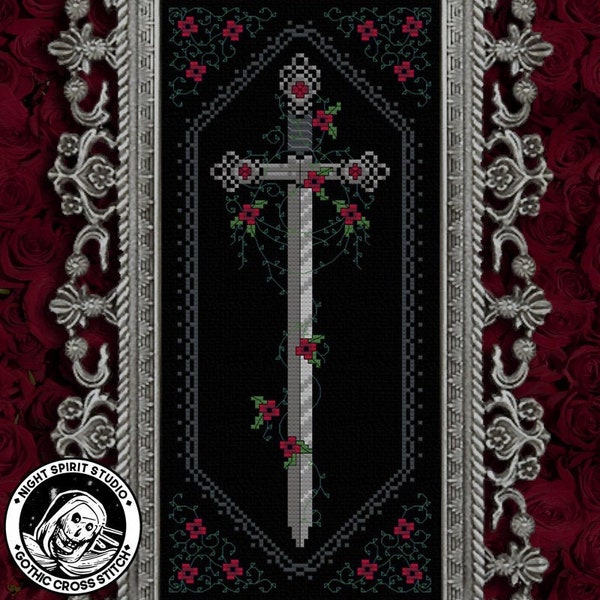 Ornate Floral Sword - Medieval Gothic Cross Stitch Pattern  - Goth Cross Stitch - Sword Cross Stitch - Victorian Mourning - Digital PDF