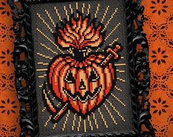 Sacred Pumpkin - Gothic Cross Stitch Pattern - Halloween Cross Stitch -  Sacred Heart - Jack-o'-lantern - Pumpkin Cross Stitch - PDF