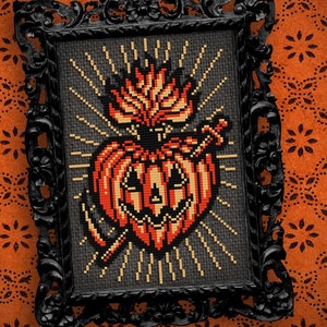 Sacred Pumpkin - Gothic Cross Stitch Pattern - Halloween Cross Stitch -  Sacred Heart - Jack-o'-lantern - Pumpkin Cross Stitch - PDF