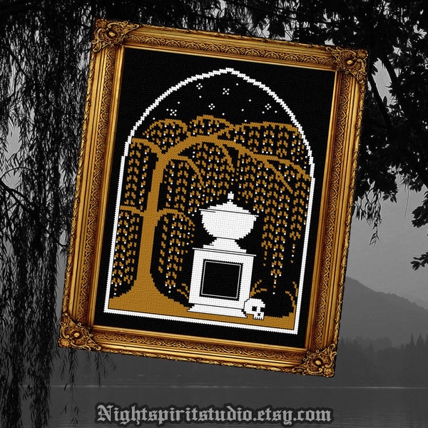 Victorian Mourning Willow - Gothic Cross Stitch Pattern - Goth Cross Stitch - Graveyard Cross Stitch - Haunted House - Weeping Willow - 8x10