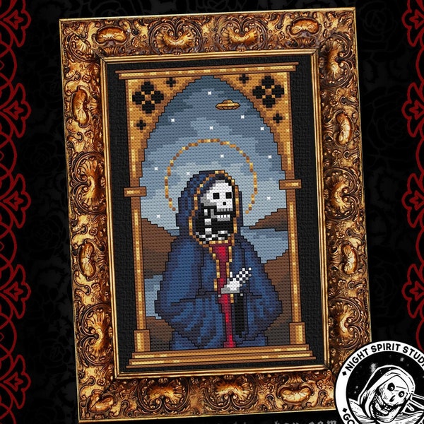 Iconic Visitor - Medieval Skeleton with UFO - Gothic Cross Stitch Pattern - Digital PDF