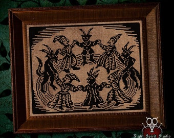 Demon's Dance Cross Stitch Pattern | Gothic, Devil, Witchcraft Woodcut (PDF)