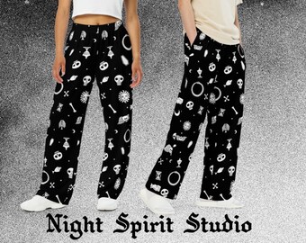 Night Spirit Studio New England Gravestone Symbols All-over print Unisex Wide-leg Pants - Gothic Cross Stitch Goth Pants