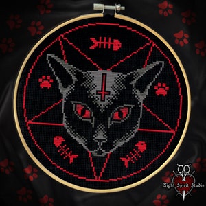 Ghost Cat Baphomet - Gothic Cross Stitch Pattern - Satanic Cat - Evil Kitty - Devil Cross Stitch - Pastel Goth Satan Pentagram - Digital PDF