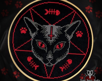 Baphomet Cat Cross Stitch Pattern | Gothic Satanic Kitty (PDF)
