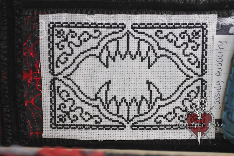 Gothic Vampire Fangs Cross Stitch Pattern | Red Filigree (PDF) image 2